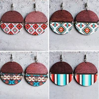 new vintage leather earrings fashion jewelry for women western american bohemian colorful pattern round panel wood earrings