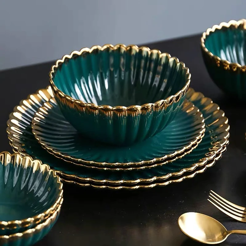 

Ceramic Dinnerware Set Dinner Plate Salad Bowl Dishes Plates and Bowls Set Retro Green Tableware Set for Restaurant Home Hotel