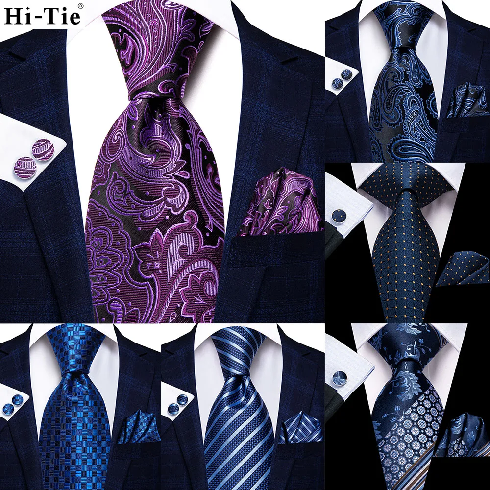 

Purple Blue Floral 63inch Silk Mens Extra Long Ties for Men Woven Classic 160cm Men Necktie Pocket Square Set Cufflinks Hi-Tie
