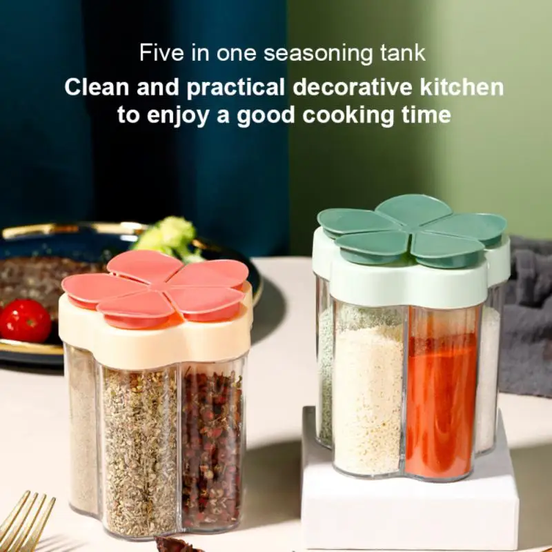 

5 In 1 Seasoning Bottle Transparent 5 Grid Seasoning Box With Spoon Salt Sugar Herb Spice Storage Container Kitchen Accessories