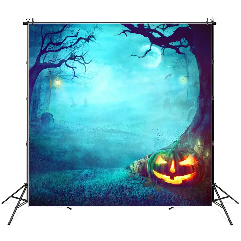 

Cemetery Pumpkin Lantern Photography Backdrops Banner Custom Fog Moon Night Forest Baby Party Decoration Photo Backgrounds Props