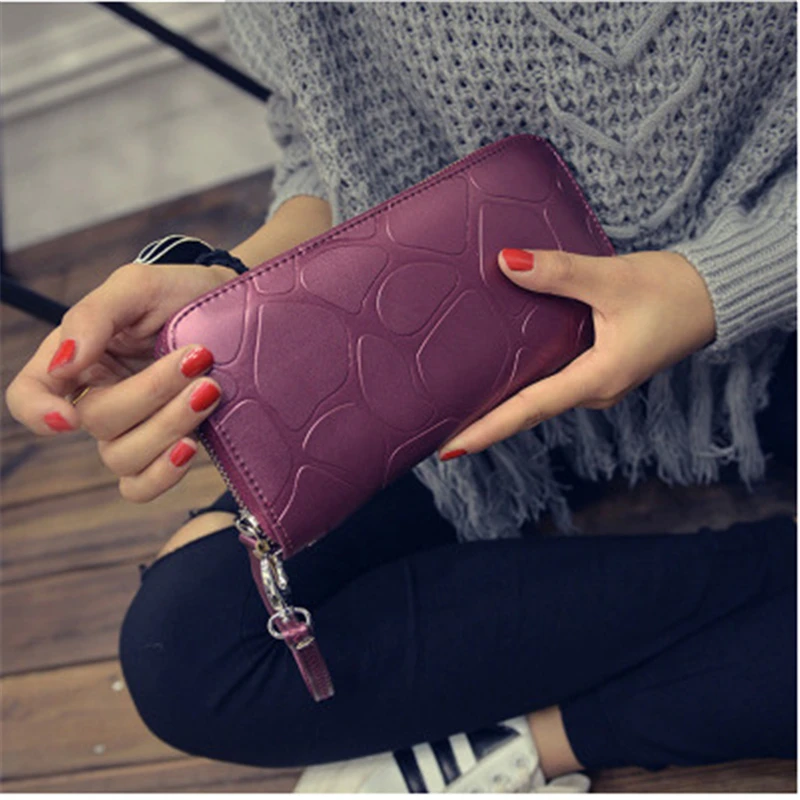 

Women Stone Print Long Wallets Female Leather Brand Retro Zipper Coin Purses Ladies High Capacity Card Holder Clutch Bag