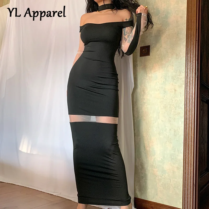 

Fashion Mesh Patchwork Halter Neck See Through Long Black Dress Women 2022 Summer Sexy Hollow Out Bodycon Evening Party Vestidos