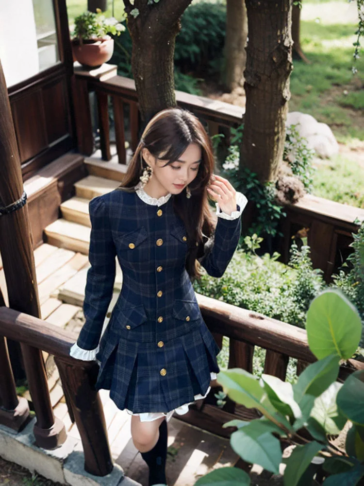 Изящное темно-синее платье в стиле ретро Fujia Qianjin детское осенне-зимнее