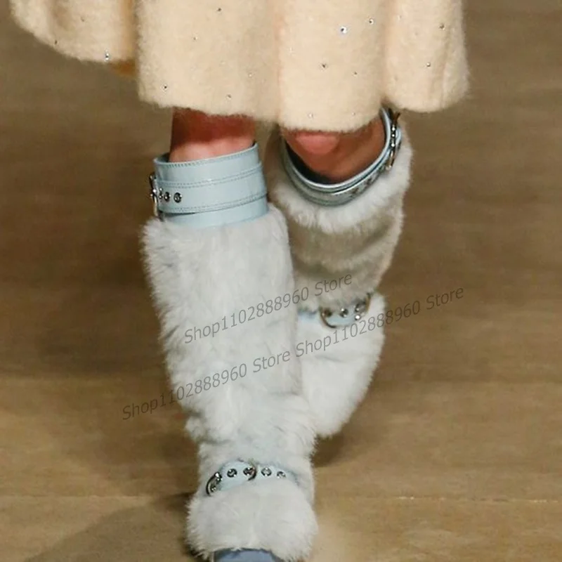 

Женские сапоги на плоской подошве, синие сапоги до колена с меховым декором и пряжкой с ремешком, без застежки, с круглым носком, модная зимняя обувь, 2023