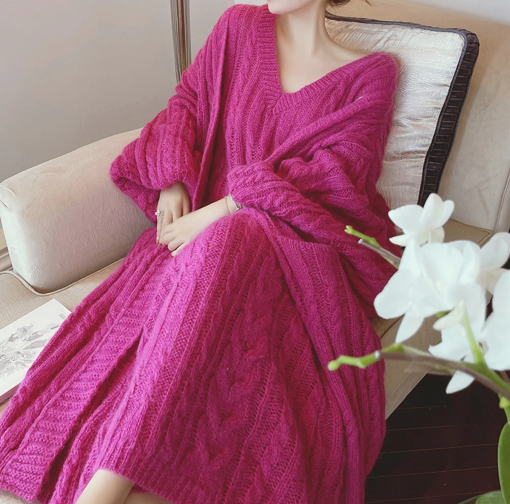 

2022 г., модные длинные удобные кардиганы розово-красного цвета, пальто, плюшевый теплый зимний свитер, верхняя одежда