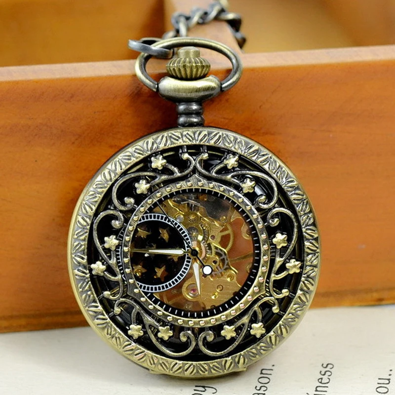 Luxury Vintage Mechanical Pocket Watch for Men Women hollow Dial Roman Hexagon Case Fob Chain Pendant Clock for Collection Gifts