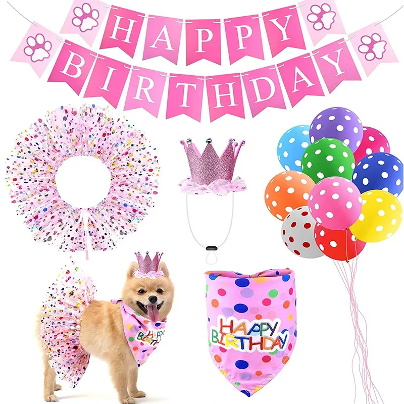 

Dog multi color ballons bandana scarf mini crown banner and tutu skirt Happy Birthday Banner Flag Balloons Bandana Scarf