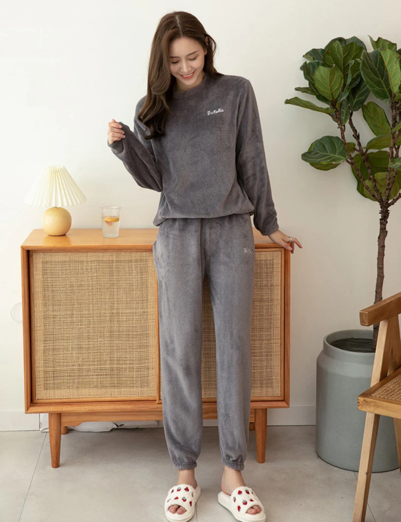 Winter Thicken Flannel Pajamas Set Plush Fleece Warm Pijama Solid Sleepwear Long Sleeve Casual Homewear Home Suit Lounge Set Pjs