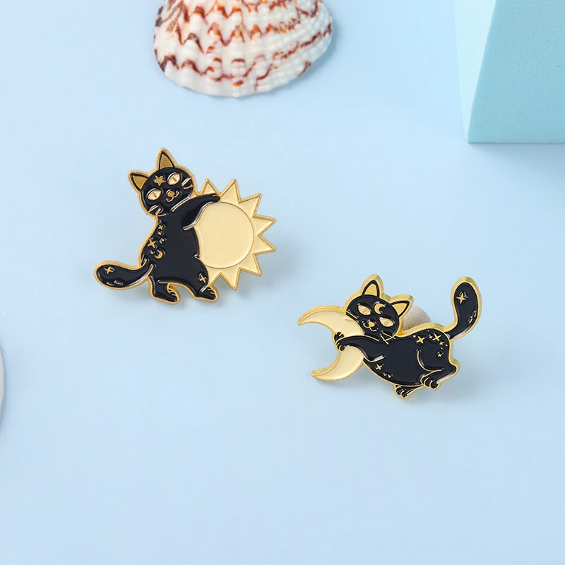 

Black Cat Hua Moon Enamel Pins Mystic Night Brooch Sun Moon Star Gothic Cat Lover Brooch New Alloy Animal Brooch Kids Lapel Pins