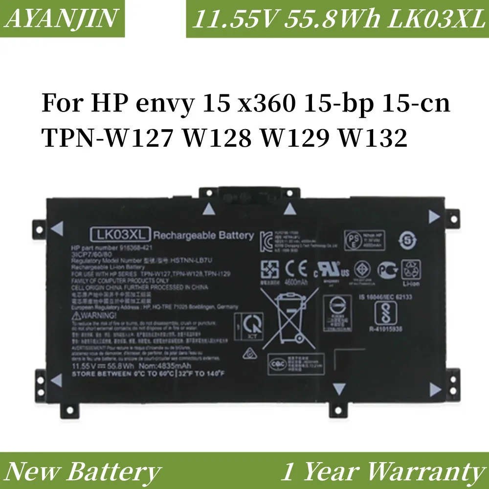 

New 55.8Wh LK03XL Laptop Battery For HP envy 15 x360 15-bp 15-cn TPN-W127 W128 W129 W132 HSTNN-LB7U HSTNN-UB7I HSTNN-IB8M LB8J