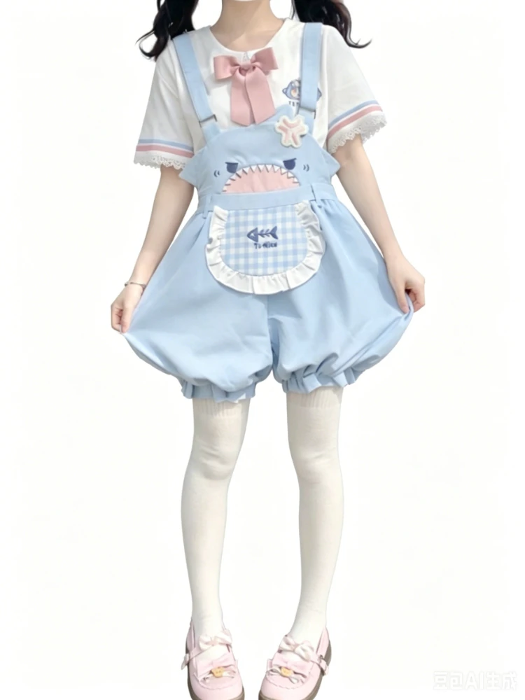 Комплект из 2 предметов в стиле Sweet Lolita: синие, белые, розовые комбинезоны-блумеры с кружевом, рюшами, бантом, клетчатыми карманами и принтом акулы для девочек-подростков на каждый день (art.: 3920db08a5b0c) - 3920db08a5b0c