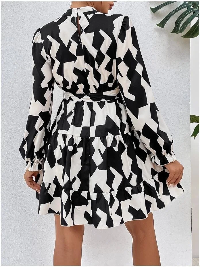 

Повседневное элегантное пикантное приталенное платье с принтом, новое женское приталенное платье с геометрическим принтом, оборками и длинным рукавом, 2023