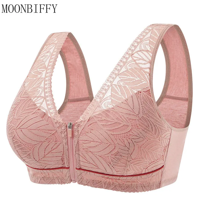 

Women Front zipper Bra Large Size Lace Closure Gather No Steel Ring Bralette Top Wireless Large Underwear Lingerie Brassiere