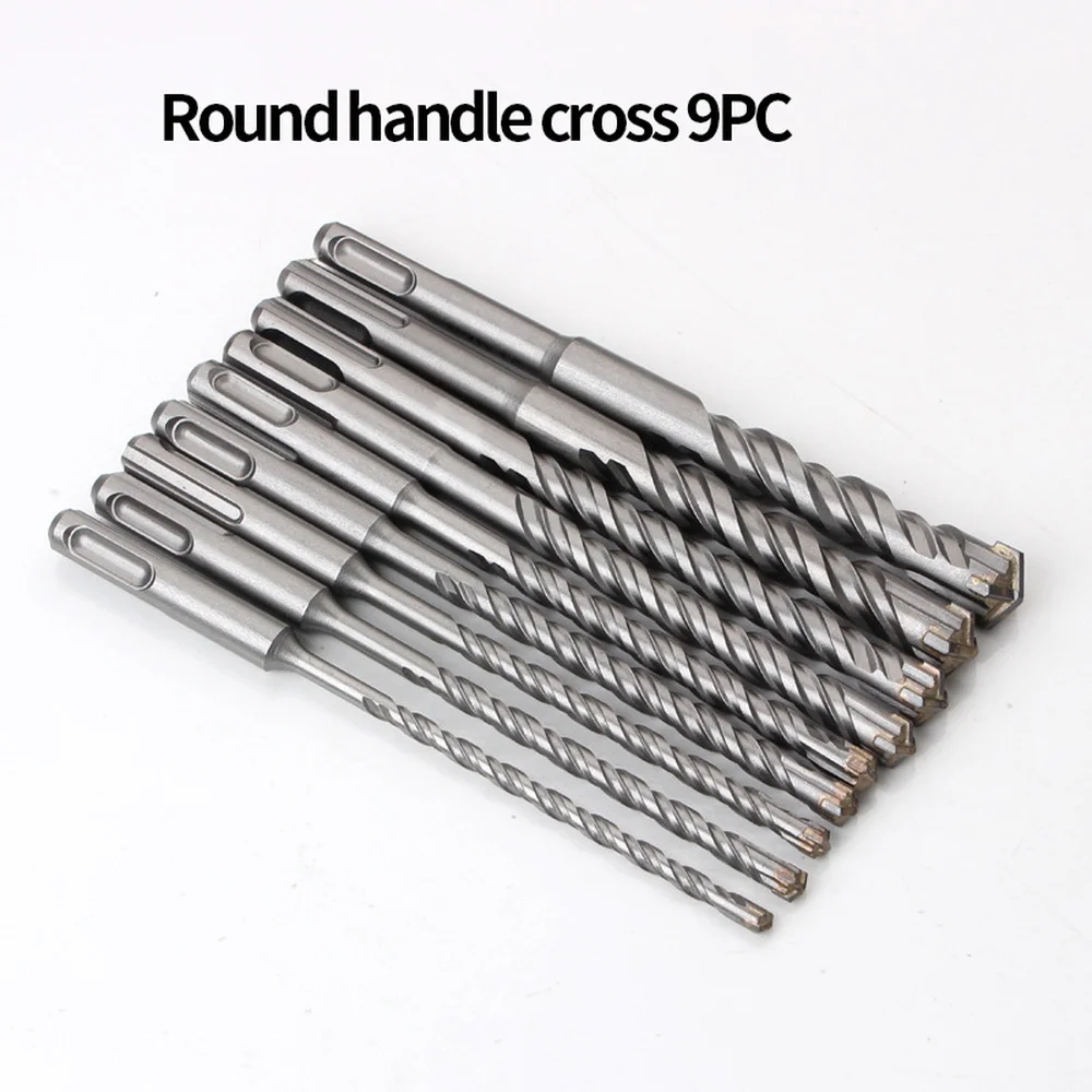

9pcs/set 160mm Round Shank Carbide Steel Flat Tip Electric Hammer SDS Plus Drill Bit Set for Wall Block Hole Saw Drilling Bits