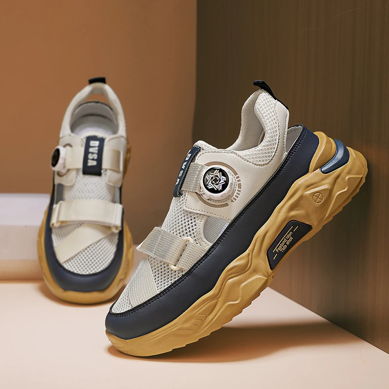 Мужские сандалии с вращающейся пряжкой легкие Нескользящие сетчатые кроссовки