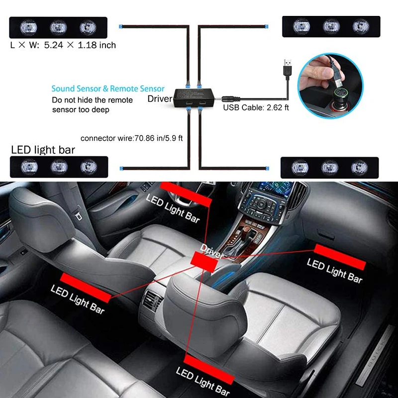Car Interior Atmosphere Foot Light USB RGB LED Starlight Ambient Decorative Carpet Lamp Kit Remote Control Sound Decoration |