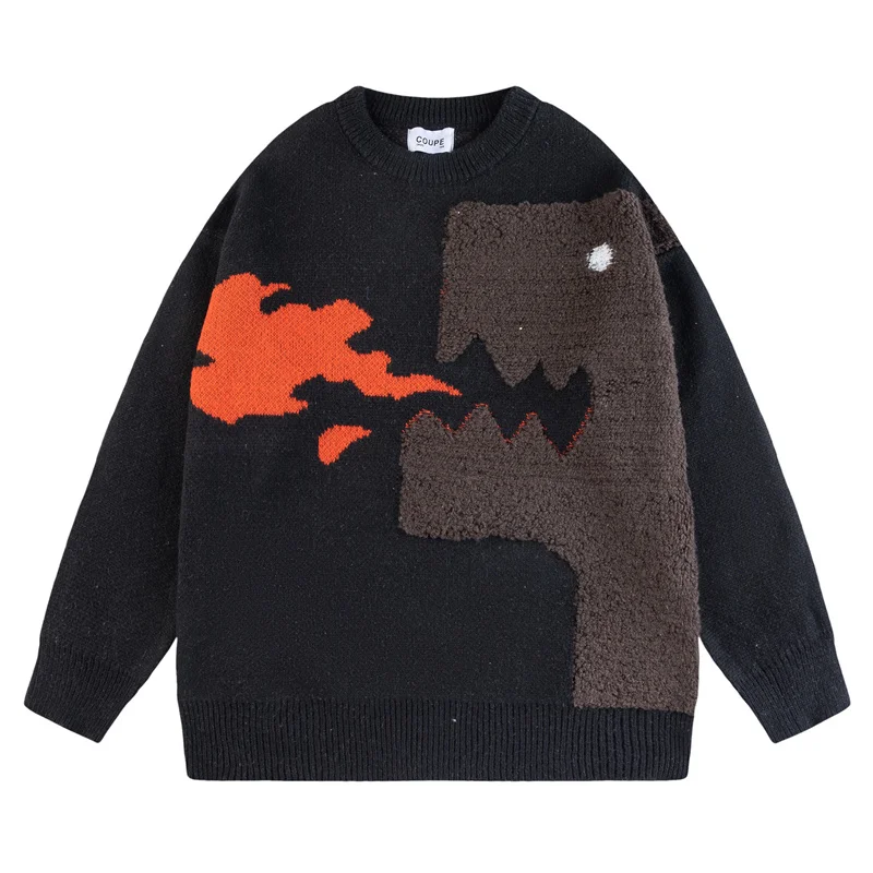 

2022 японский мультфильм Динозавр пламя вышивка вязаный свитер Джемперы Harajuku Винтаж уличная Осень Свитера Пуловер