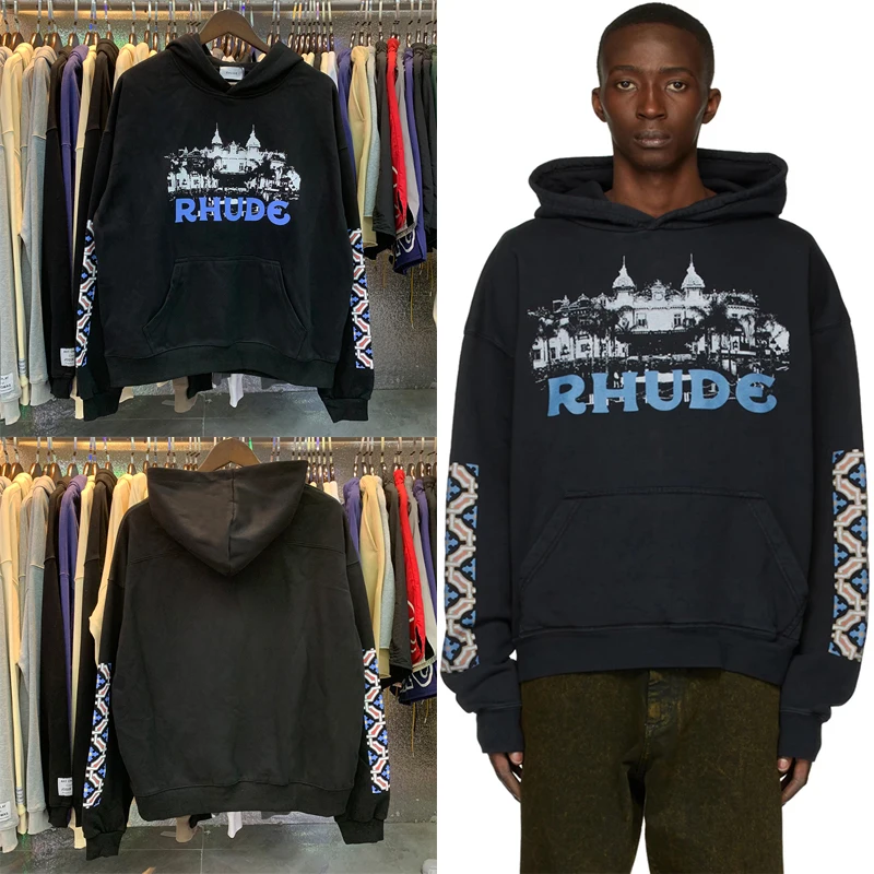 

2023ss Blue RHUDE Logo Castle Print Black Cotton Terry Men Women RHUDE Hoodie Sweatshirts Oversized Hooded Pullover