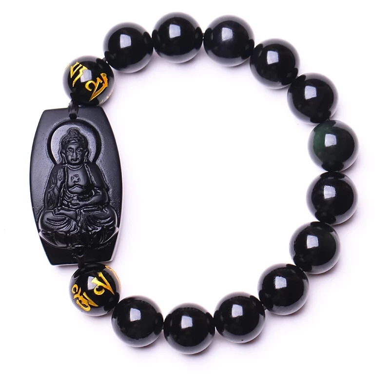 

Natural Black Obsidian Buddha Bracelet Eight Patron Saints 10mm Chinese Zodiac Round Beads Bracelet Men Women Lucky Jewelry
