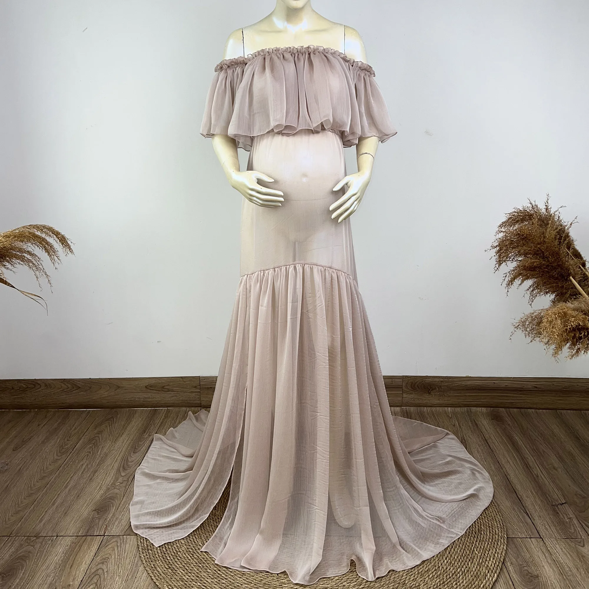 Don&Judy Tulle Maternity Photography Props Dress See Through Pregnant Moms Photo Shoot Accessories Mauve Color Long Dress 2022