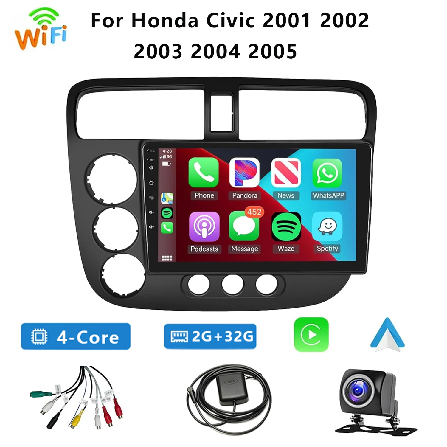9-дюймовый Беспроводной CarPlay Android Auto GPS-навигатор Радио Для Honda Civic 2001-2005 С Задней