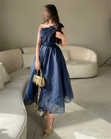 Vintage Organza One Shoulder Navy Blue Prom Dresses with Pleats A-Line Tea Length Robe De Soiree Formal Party Dresses for Women