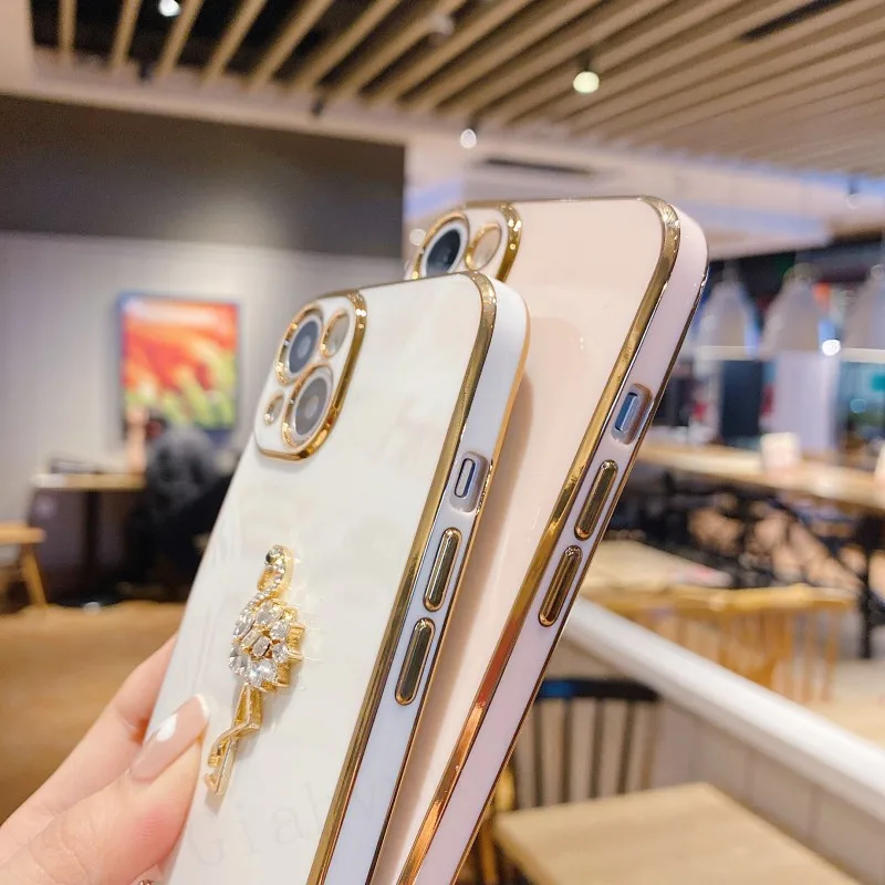 3D чехол с кристаллами и фламинго для iPhone 13 12 11 Pro Max MiNi X XS XR 7 8 Plus SE3 золотое покрытие