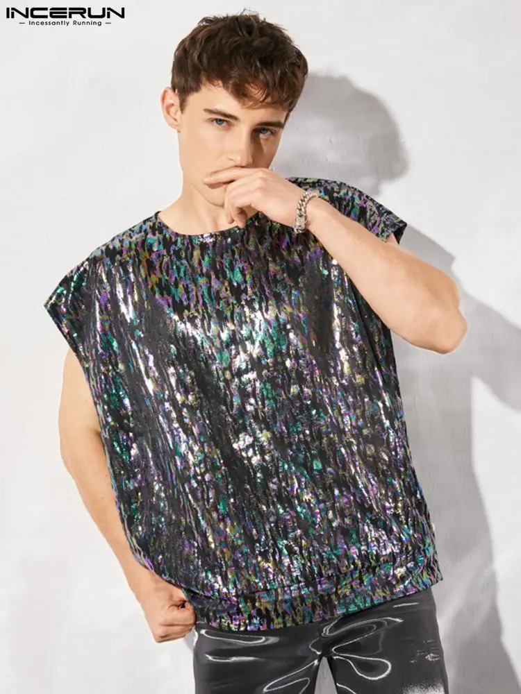 

INCERUN 2022 Men Tank Tops Printed O-neck Sleeveless Hollow Out Side Sexy Vests Streetwear Shiny Loose Fashion Party Tops S-5XL