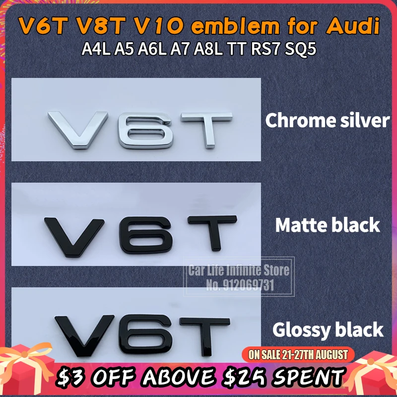 Эмблема V6T V8T V10 с буквенным номером, наклейка с логотипом для Audi A4L A5 A6L A7 A8L TT RS7 SQ5, 2 шт.