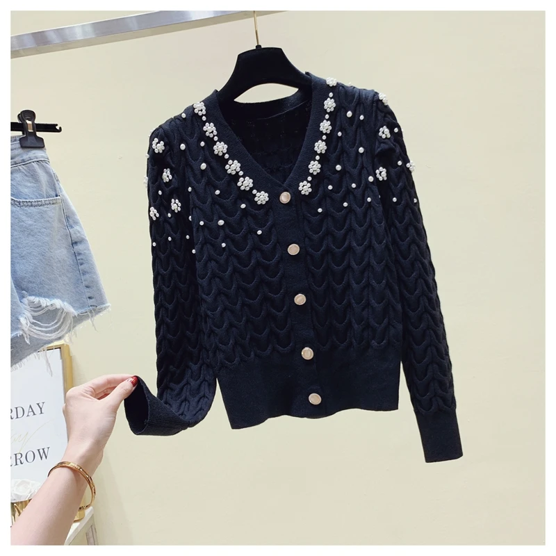 

Peals Beading Cardigan Women Sweater Female Ruff Sleeve V-neck Croped Knitted Cardigans Jacket Outerwear 2022 Spring Autumn New