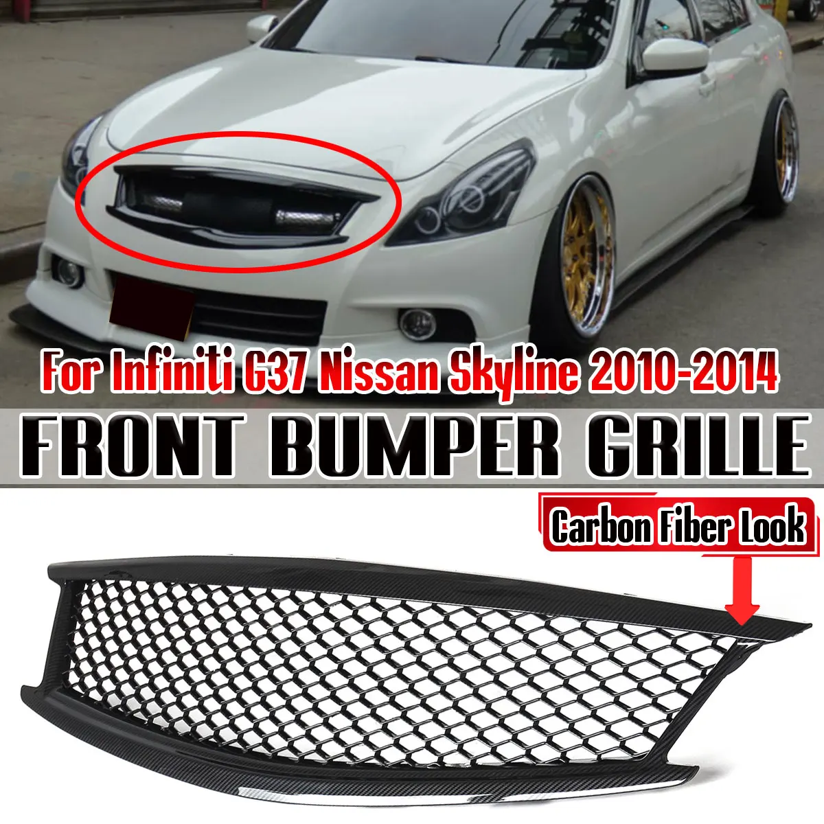 Black/Carbon Fiber Look Car Front Upper Hood Grille Front Bumper Grille Grill For Infiniti G37 For Nissan Skyline 2010-2014