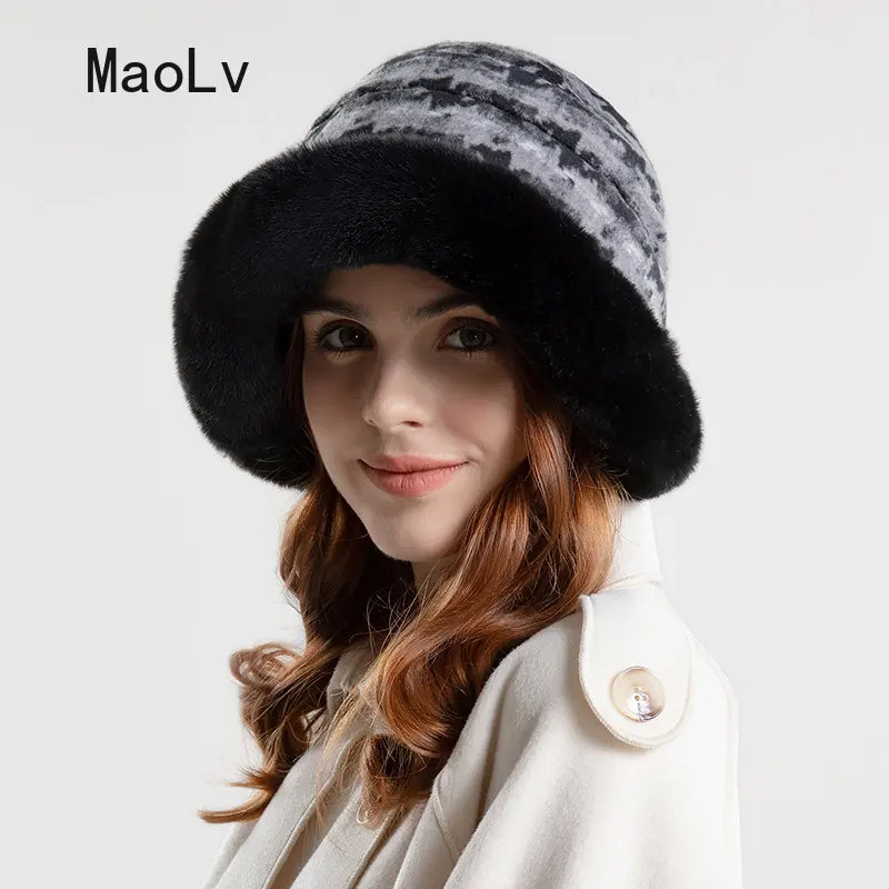 Winter Fur Warm Hat for Women Fluffy Fur Woolen Splicing Snow Ear Protection Benines Russia Outdoor Plush Coldproof Cap Bucket