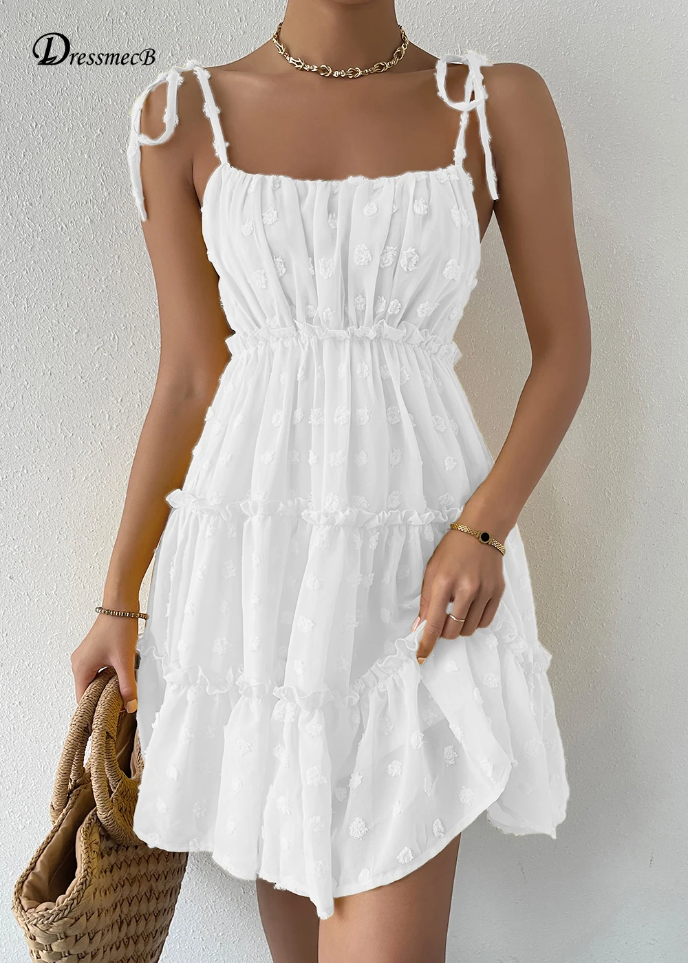 

Dressmecb однотонное белое летнее платье на тонких бретельках, одежда с оборками, в горошек, с открытой спиной, свободные платья 2022, женское мини-...