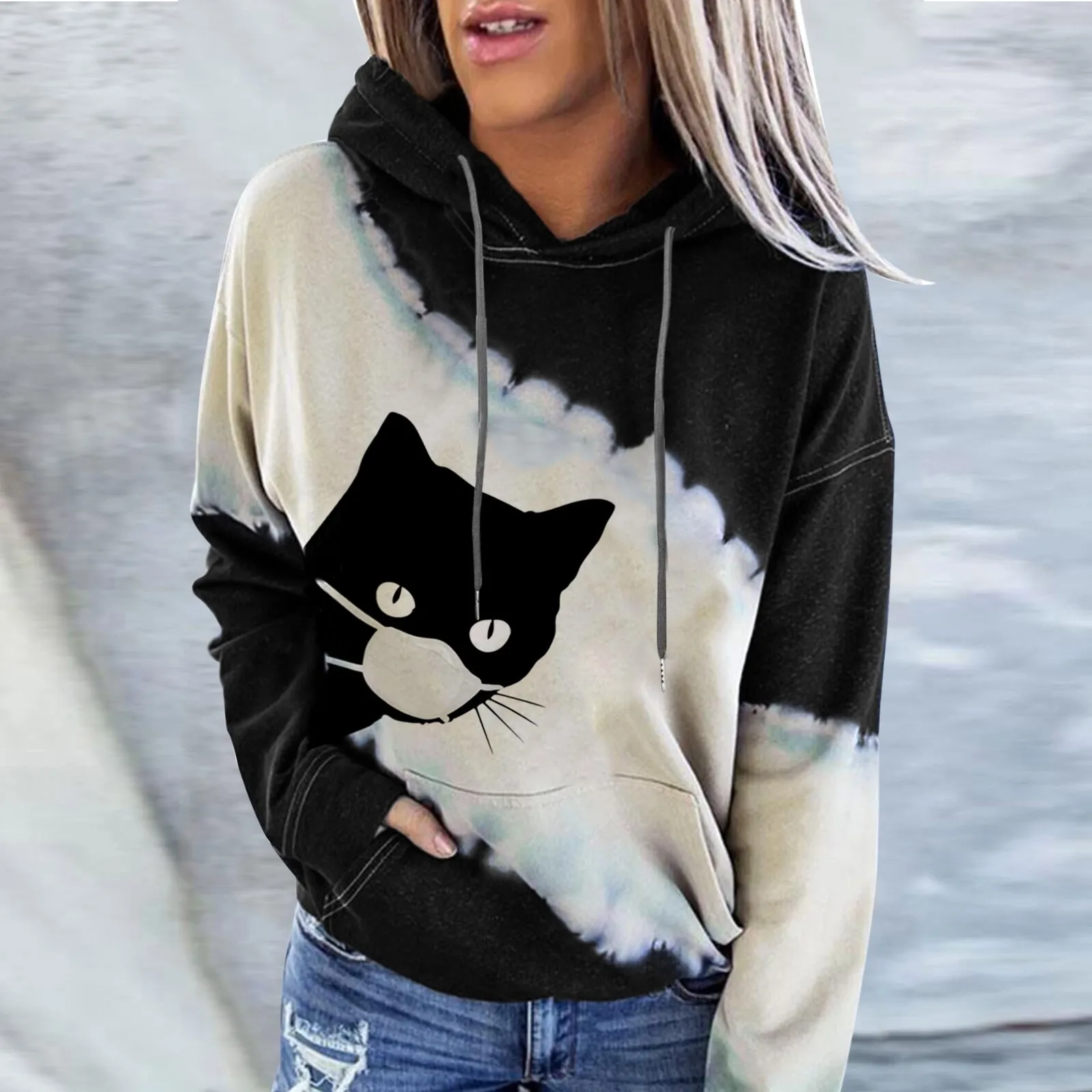 

Women's Casual Fashion Cat Splicing Printed Hooded Sweater Top Oversized Hoodie Women