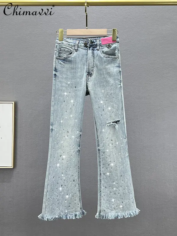 

Light Blue Ripped High Waisted Jeans Female 2023 Spring Summer New High Waist Slim Rhinestone Burr Cropped Flare Jeans Women