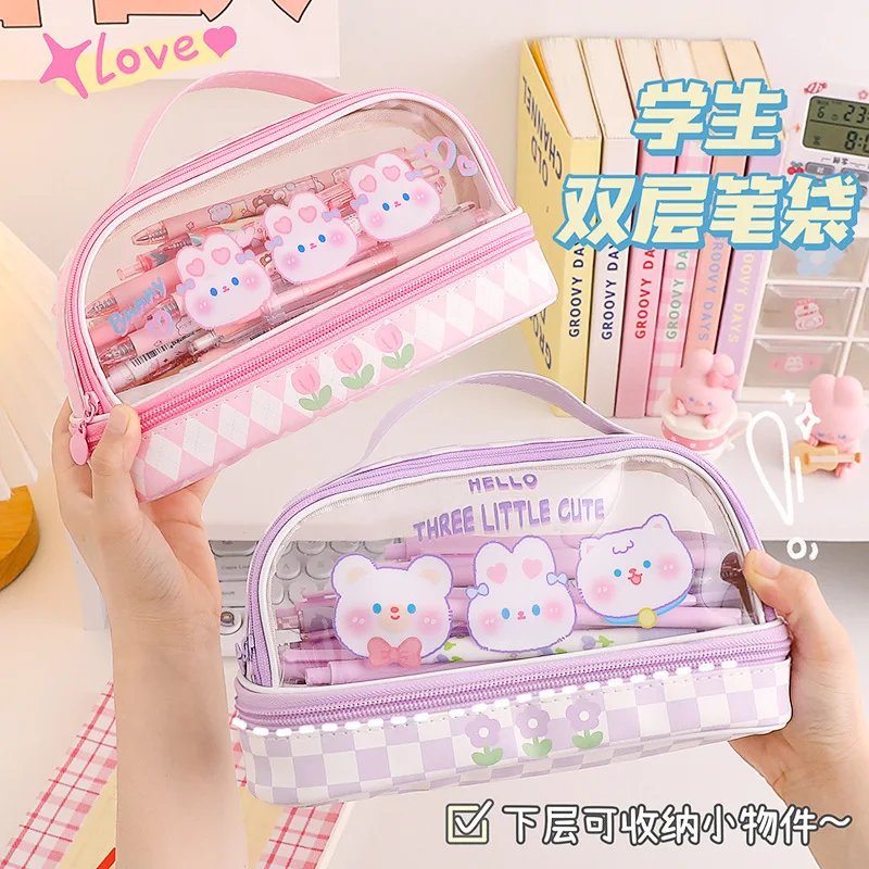 

Kawai Sanrio Large Capacity Makeup Case Cute Baer Rabbit Portable Lipstick Cosmetic Bag Student Pencil Case Storage Washing Bag