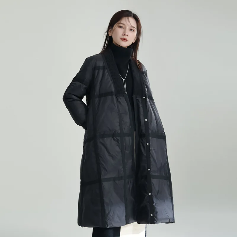 Enlarge 2022 Winter Design Sense Long Knee-Length White Duck Down Coat V-Neck Silhouette Down Jacket