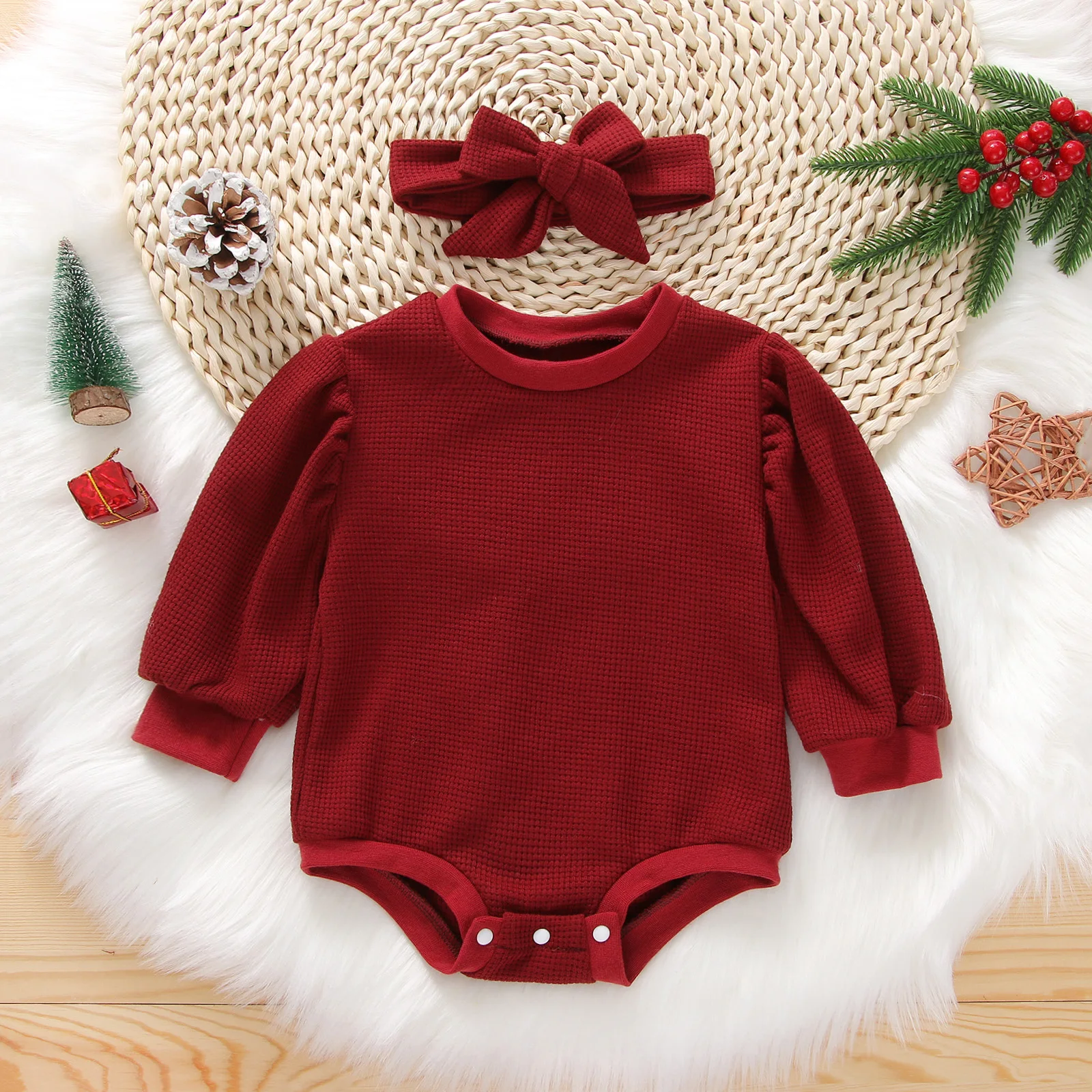 

Baby Girls Bodysuit with Headband Long Puff Sleeve Design Round Collar Bottom Snap Button Warm Triangle Romper Jumpsuit
