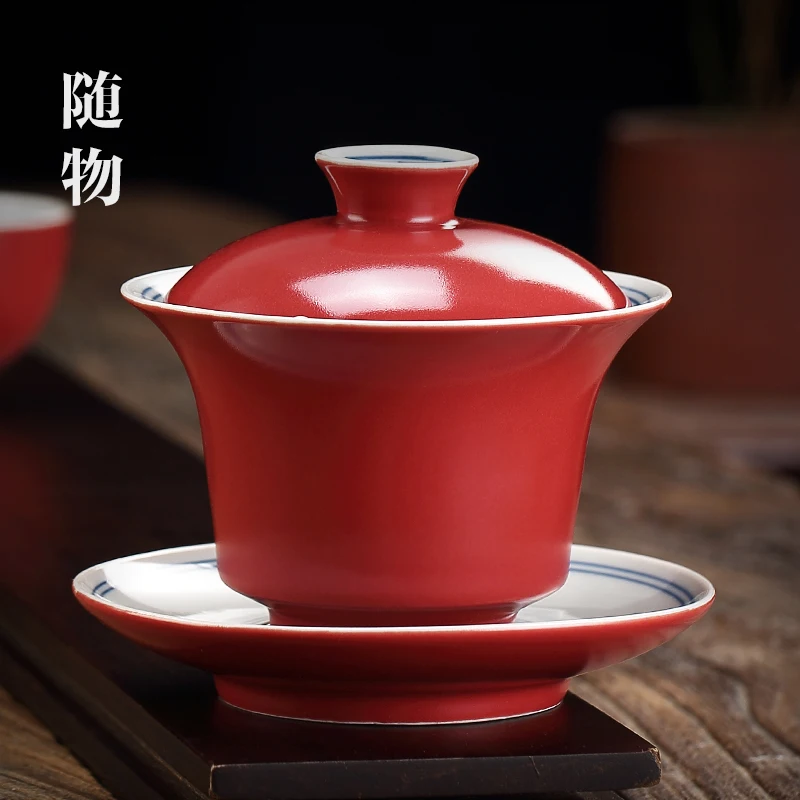 

Coral Red Ceramic Tureen Large Size Jingdezhen Tea Cup Three Pieces Tea Making Tea Ceremony Bowl Single Kung Fu Tea Set Not Hot