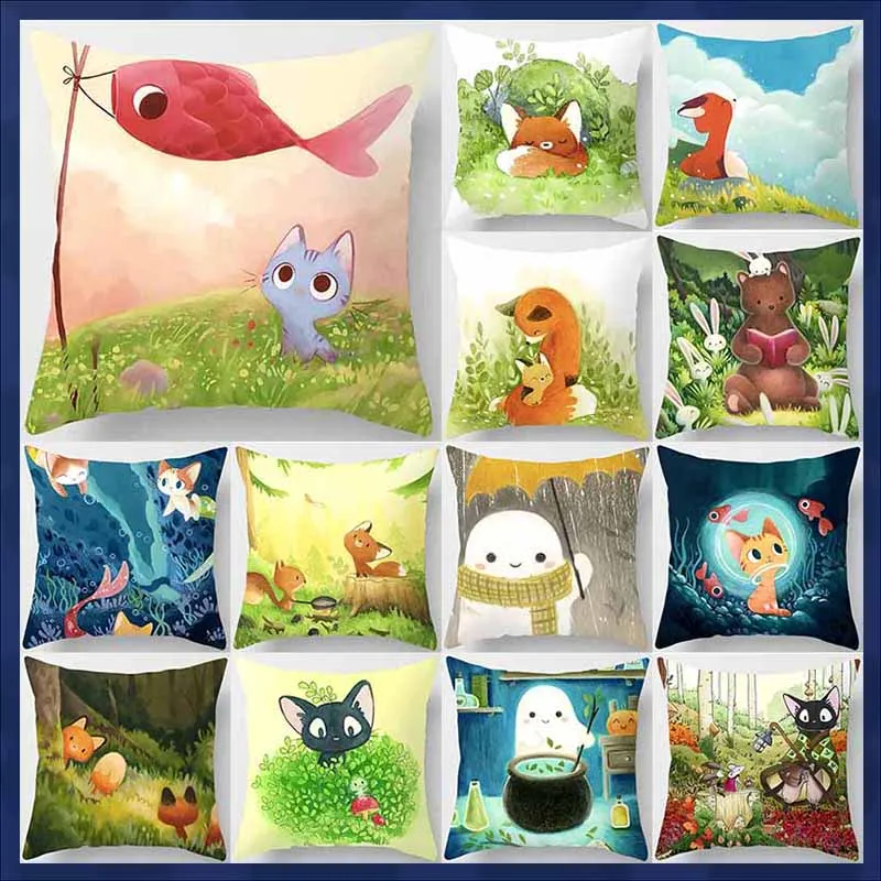 

Cute Cat Fish Fairy Tale Animals Throw Pillow Case Colorful Garden Cartoon Pets Cushions for Kids Room Decor 45X45 50X50 pillow