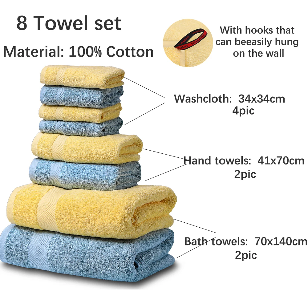 100 cotton bath towel set high qualitysoft and super absorbenthand towelwashcloth for family bathroom set8 piecestowel set free global shipping