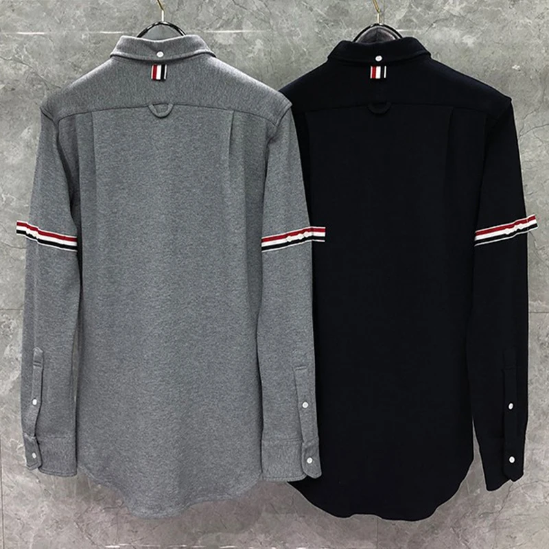 TB THOM Men's Shirt Clothing Fashion Brand Striped Armband Slim Casual Men's Clothing Cotton PIQUE Long Sleeve Women's Shirts