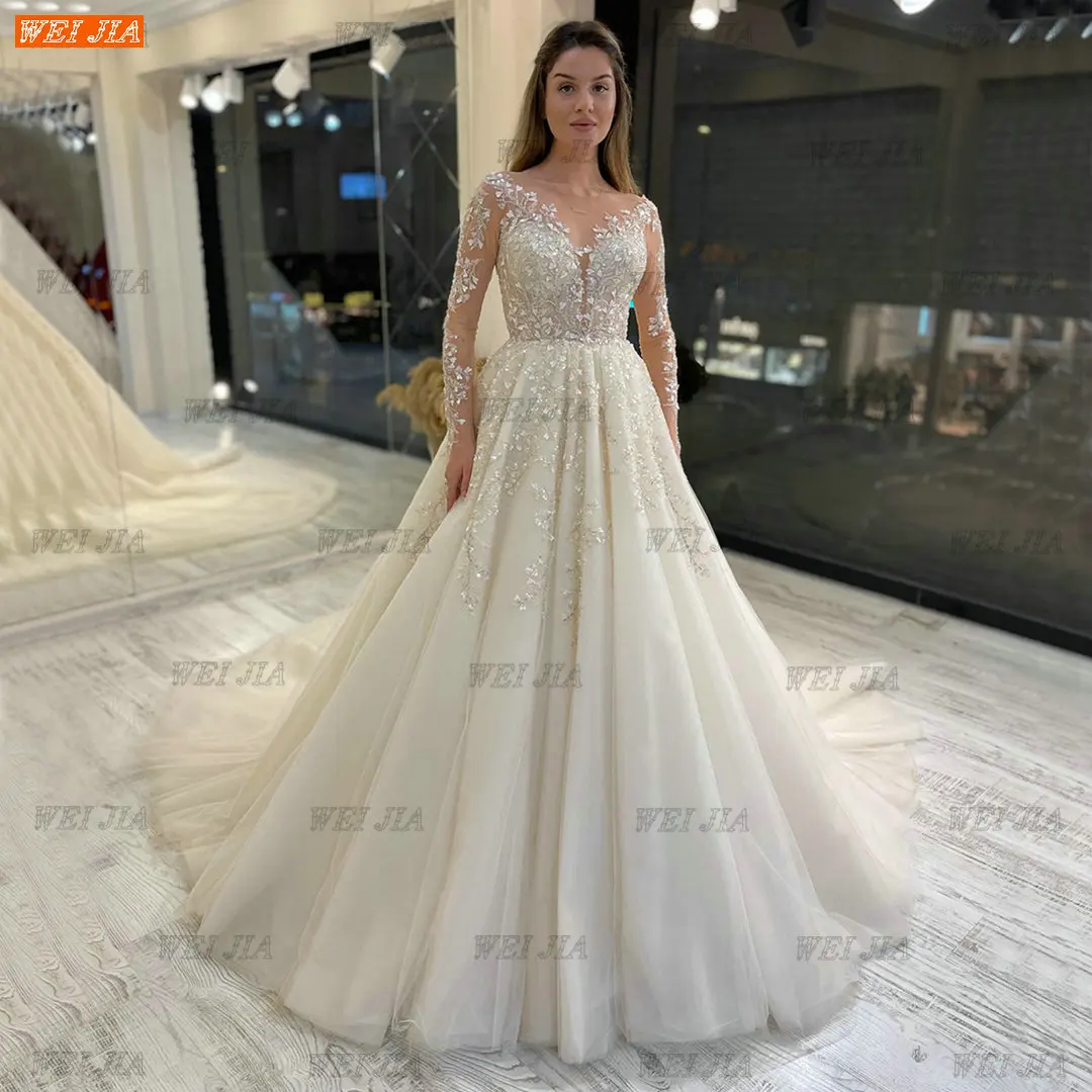 Luxury Beading Wedding Dresses 2022 White Vestido De Casamento Long Sleeves Appliqued O Neck Women Bridal Dress Ivory Trouwjurk