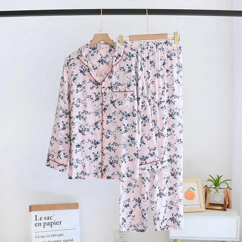 NEW 100% Viscose Women Pajamas Casual Long Sleeve Sleepwear Pajamas Set Flower Printed Spring Summer 2PCS Pyjama Suit