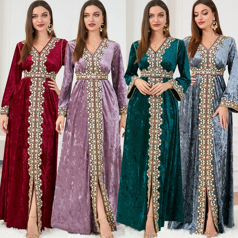 Winter Abaya Arabic Long Dress Women Lace Embroidered Trimming Belted Muslim Dresses Morocca Kaftan Dubai Tukish Abayas Evening