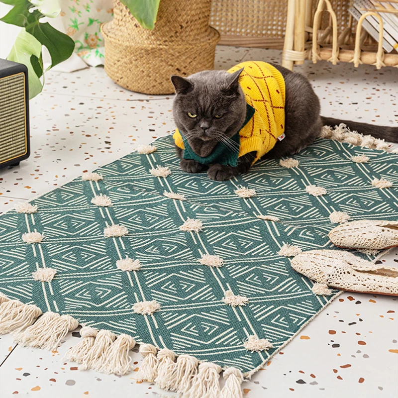 

Retro Bohemian Hand Woven Cotton Linen Carpet Tassel Rug Geometric Floor Mat Bedroom Tapestry Decorative Blanket Area