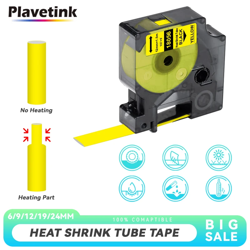 PLAVETINK 1PK 18056 Heat Shrink Tube Label Tape 12mm*1.5m Compatible for Dymo Label Maker Rhino 5200 4200 5000 6000 3000 Cable