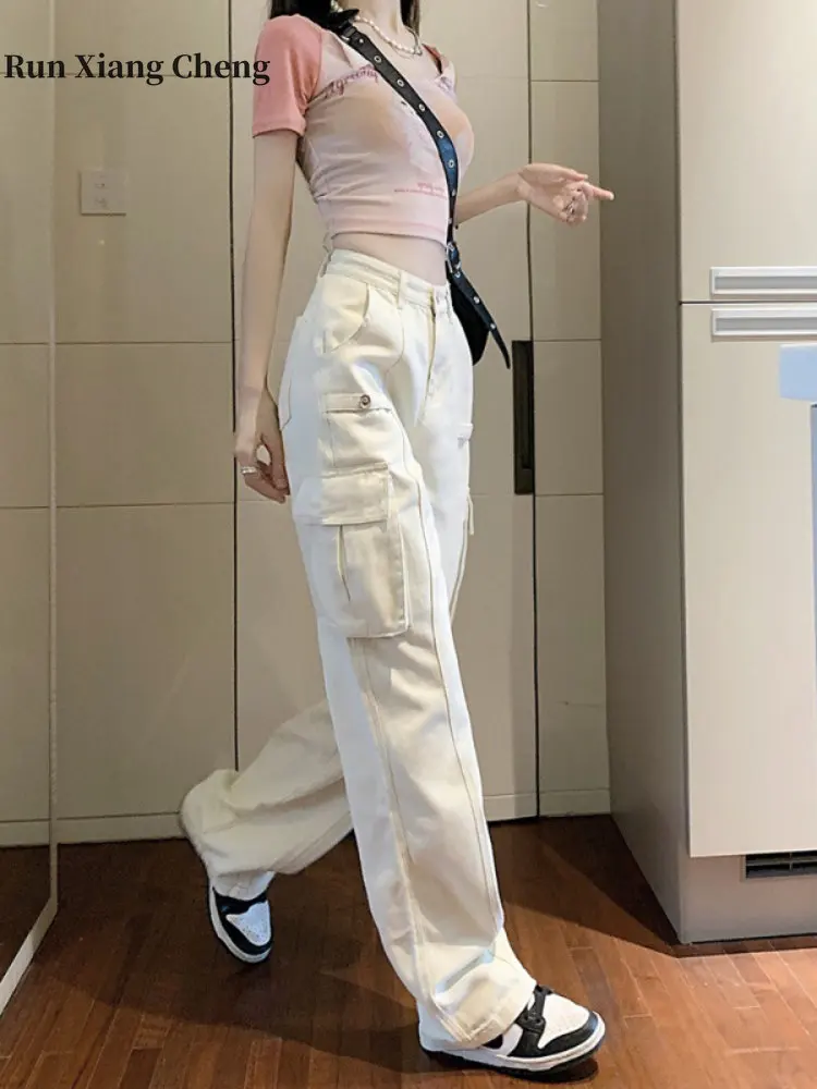 Women's Pants 2023 New Fashion Denim Cargo Pants Y2k Vintage High Waist Loose Slim Pocket Trousers Streetwear Wide Leg Pants