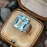 simple trendy transparent light blue square crystal zircon silver color female alloy ring for women party jewelry